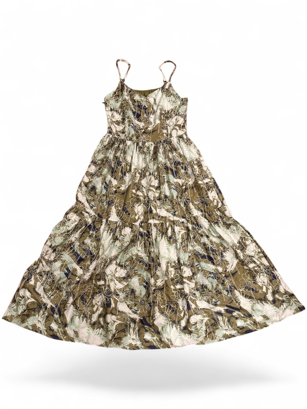 KUHN MARVIN Tiered Midi Dress Artichoke Green Print Boho Size S